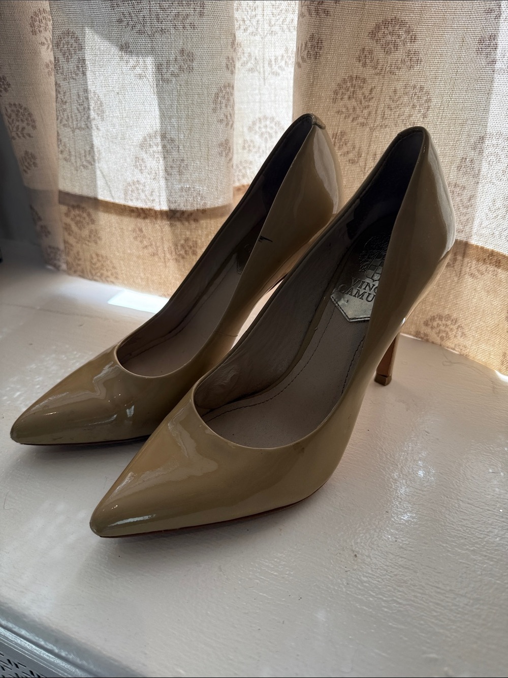 Vince Camuto Glossy Pointed-Toe Pumps in Beige